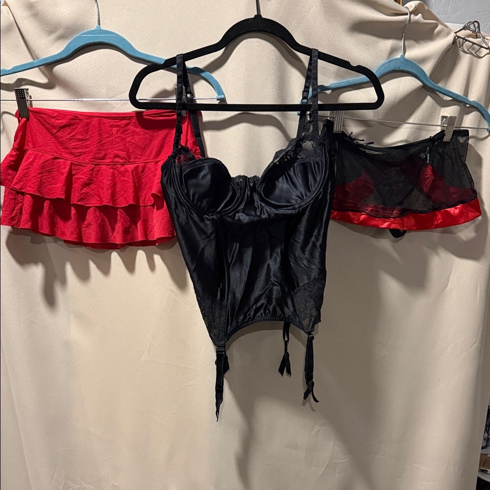 Black Satin Bustier Corset Top with Red Accents - Women Intimates